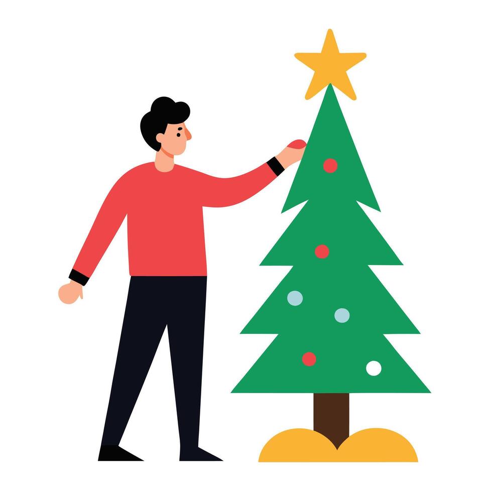 Stylish Man Decorating Evergreen Christmas Tree With Star on White Background vector