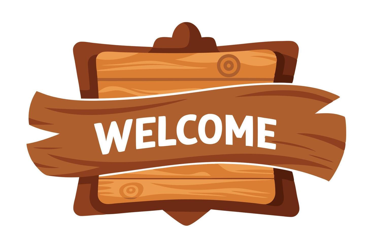 Cartoon Wooden Sign with Welcome Text and Ribbon Banner on White Background vector