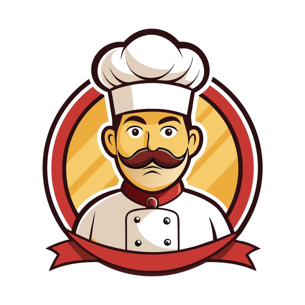 Cartoon Chef with Toque Hat, Mustache, and Red Ribbon in Circle Isolated vector