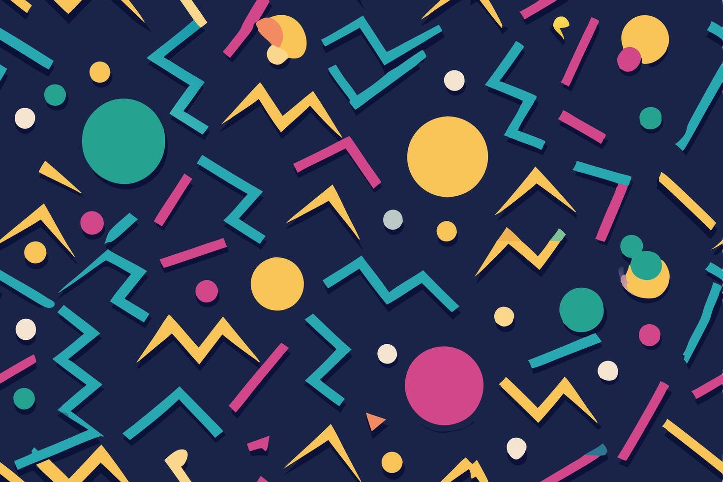 Colorful Memphis Style Pattern with Circles, Zigzags, Rectangles and Navy Background vector
