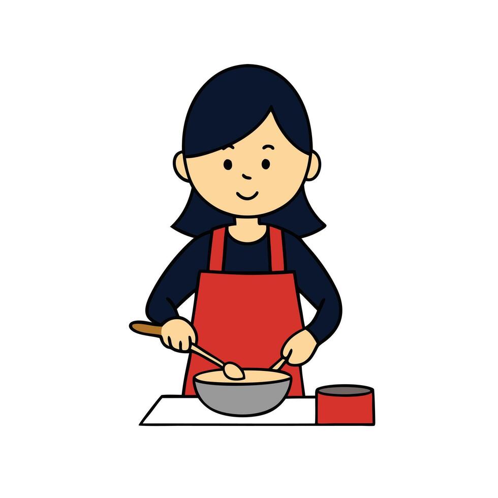 Cartoon Girl Mixing Dough in Bowl with Spoon on White Background vector