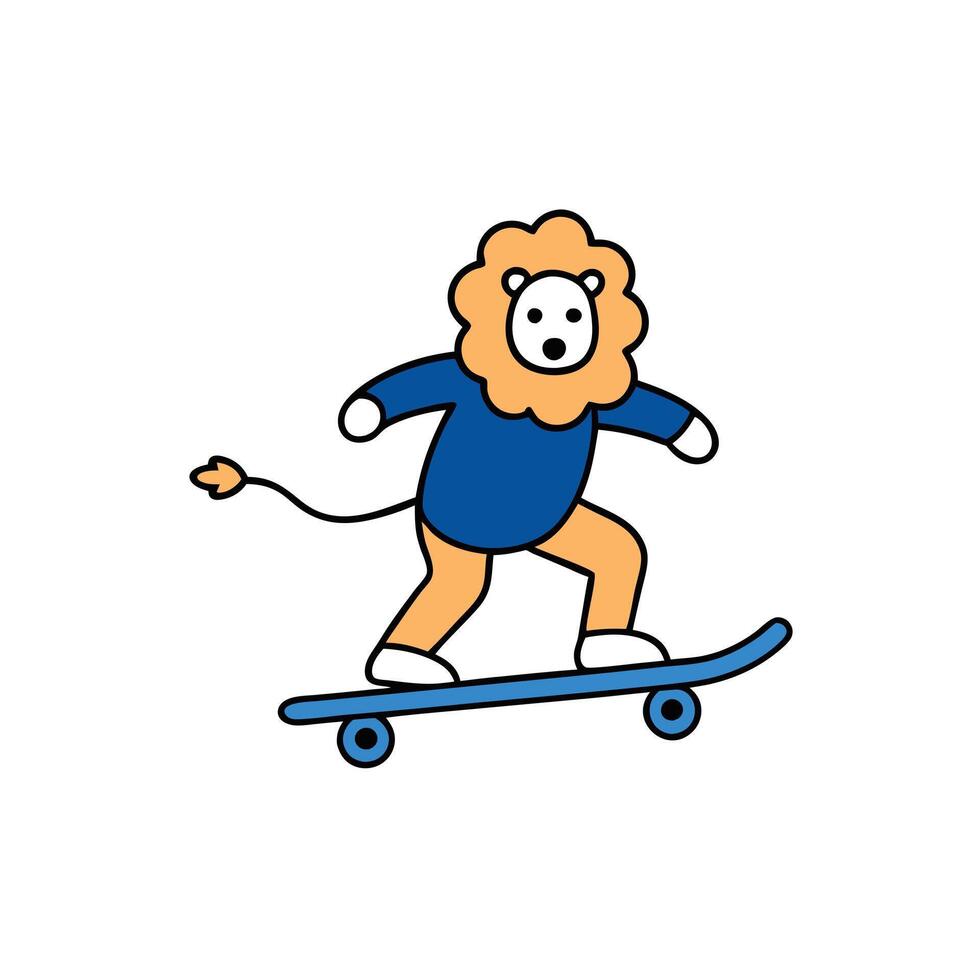 Cartoon Lion on Blue Skateboard with Orange Mane and Tail Isolated on White vector