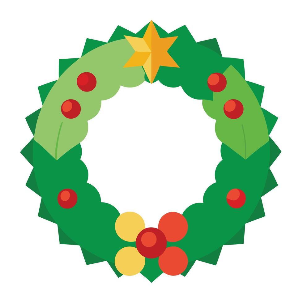 Flat Design Christmas Wreath with Gold Star, Green Leaves, and Red Berries on White vector