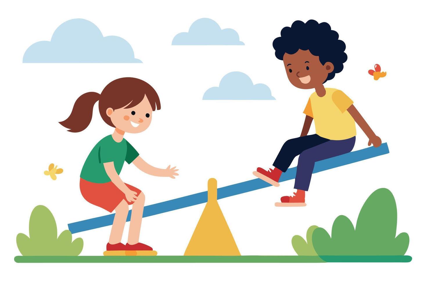 Cartoon Boy and Girl Seesaw, Playful, Childhood Friends, Outdoor Fun, Flat Style vector