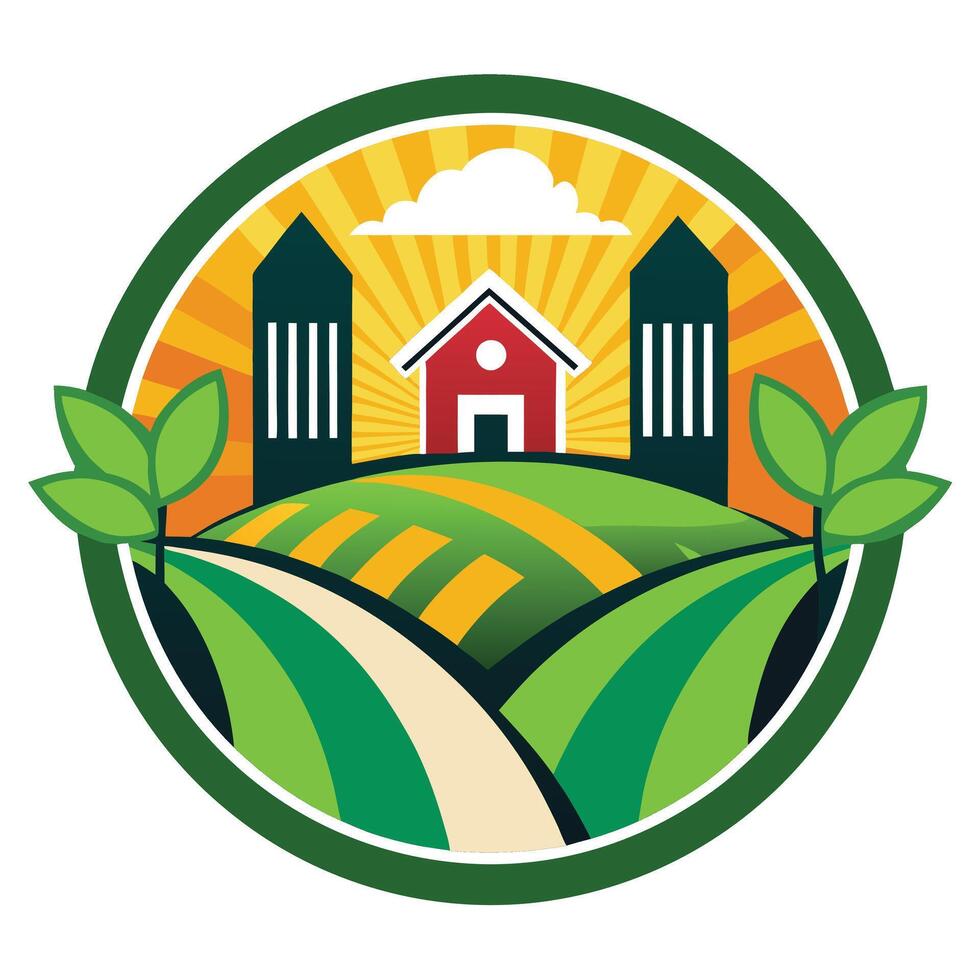 Green Field With Red House and Yellow Sunburst in Round Border on White vector