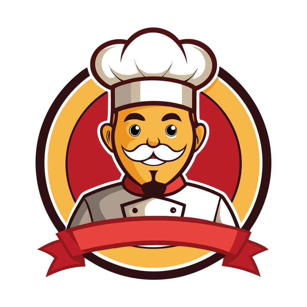 Cartoon Chef with Toque Hat, Moustache, Goatee in Circular Badge with Ribbon vector