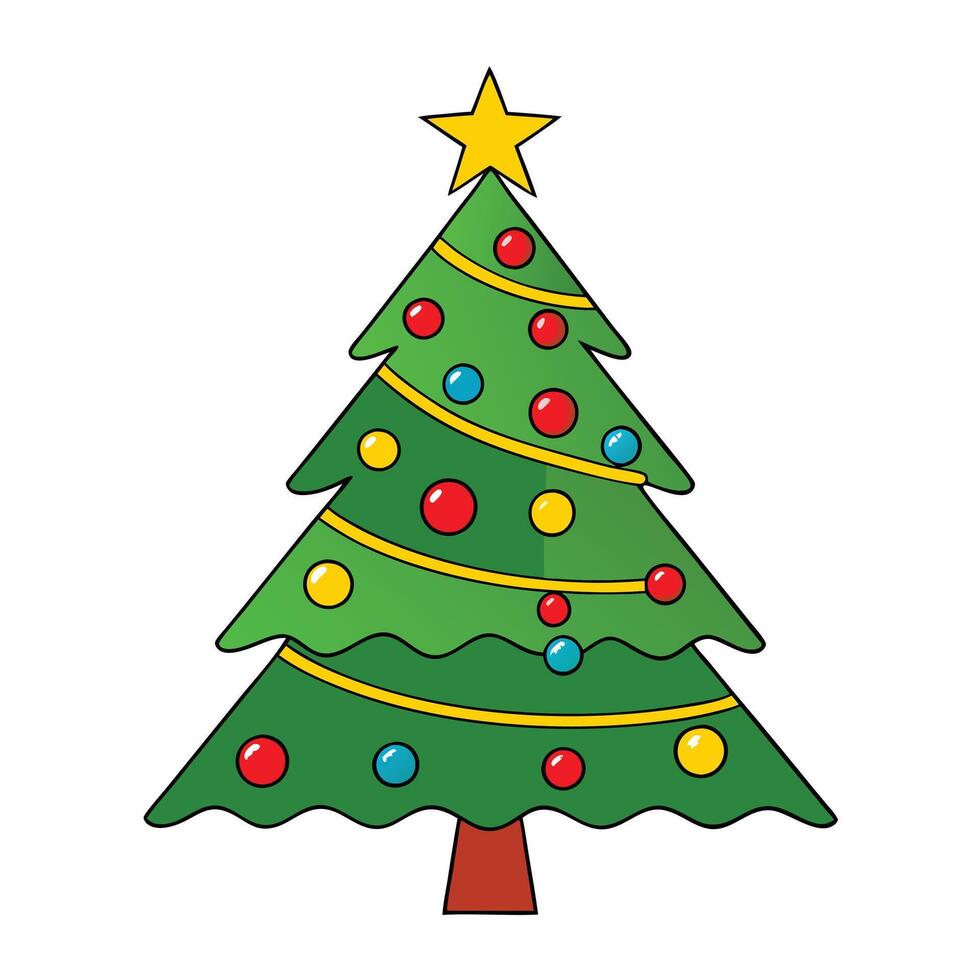 Festive Cartoon Christmas Tree with Ornaments, Star on Top, on White Background vector