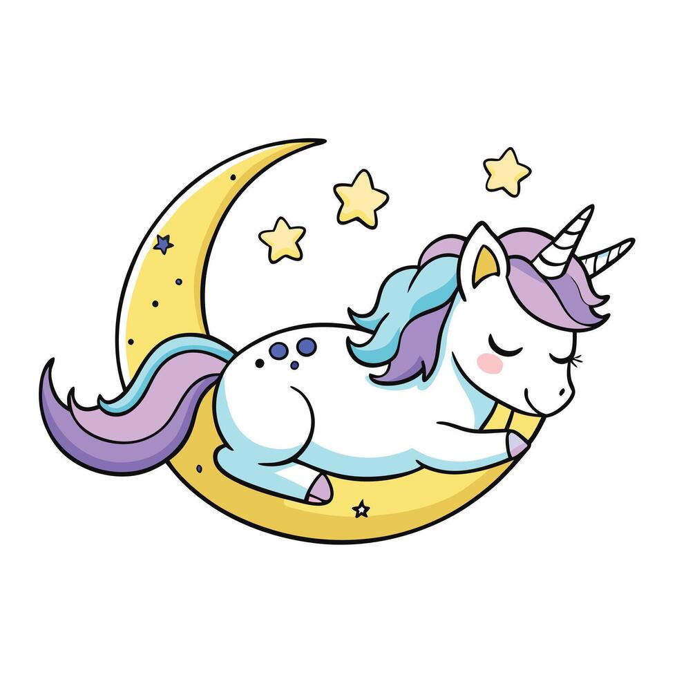 Cute Unicorn Sleeping on Crescent Moon with Stars on White Background Cartoon Style vector