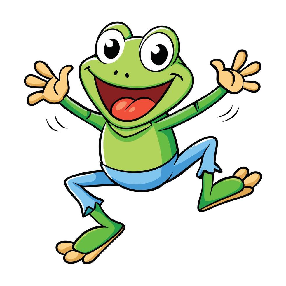 Jumping Green Cartoon Frog with Light Blue Pants on Isolated White Background vector