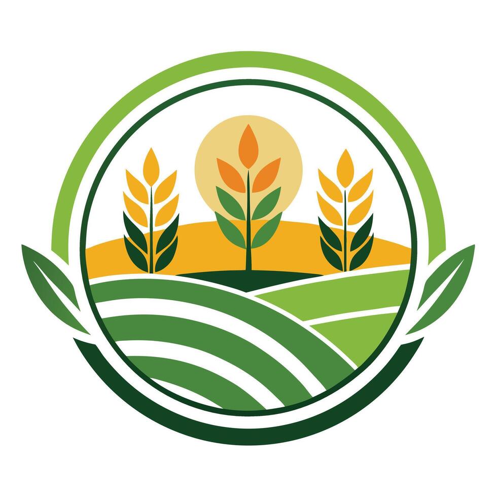 Farm Crops Emblem Flat Design Landscape View of Grain Fields and Tree inside Circle vector