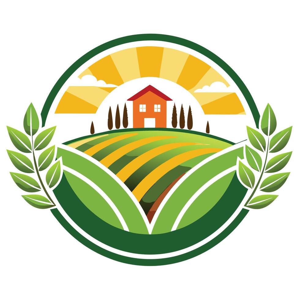 Farmhouse Landscape Icon with Green Field, Sunrise, and Olive Branches Circle vector