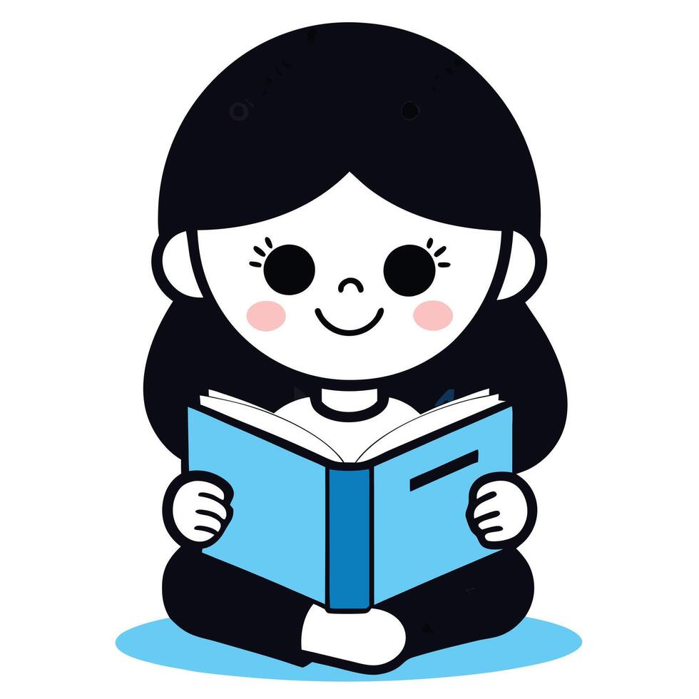 Minimalist style of a girl reading blue book on white background vector