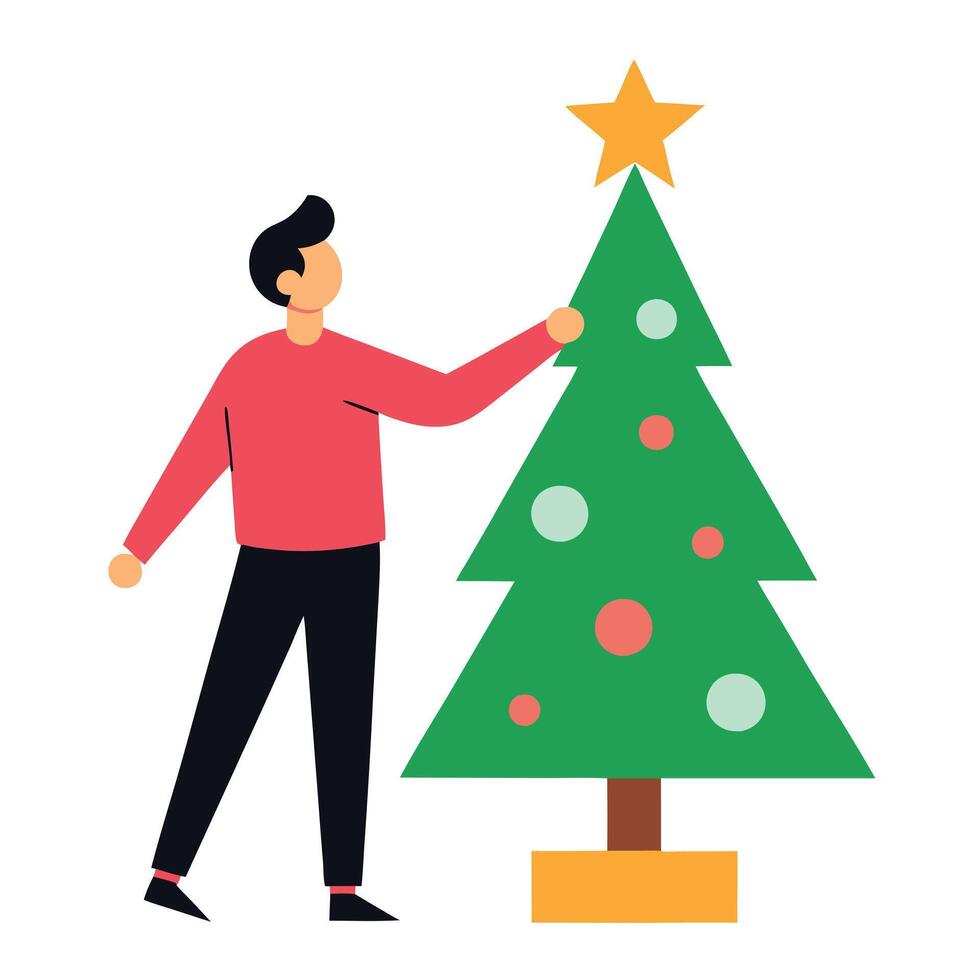 Flat Man Decorating Decorated Christmas Tree with Star on White vector