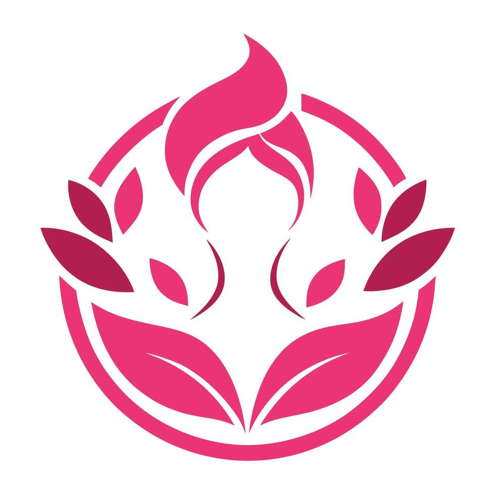 Abstract Pink Icon Woman Face, Leaves, and Circle Design on White Background vector