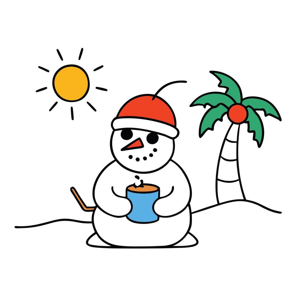 Cheerful Snowman on Beach Holding Drink with Palm Tree and Sun Cartoon vector