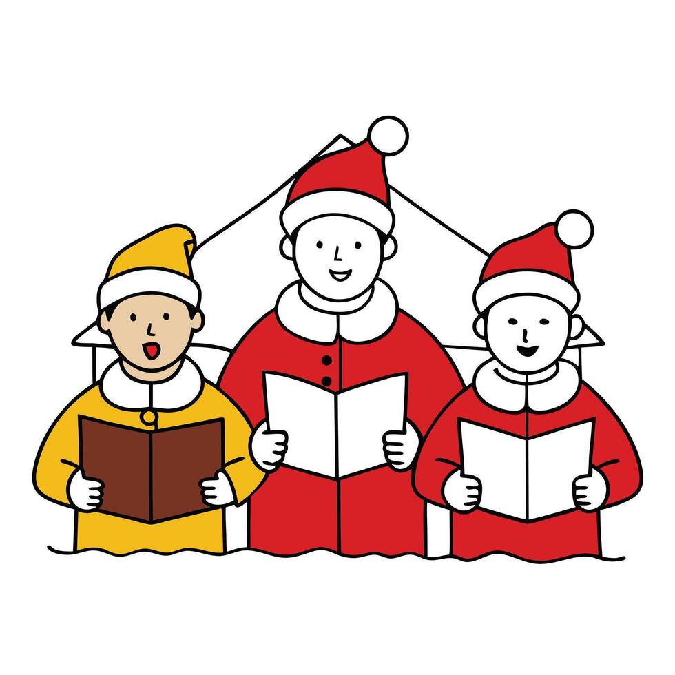 Cartoon Choir Wearing Santa Hats Singing from Sheet Music on White Background vector