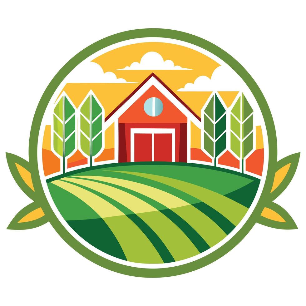 Farm Landscape with Barn, Trees, and Green Fields in Circle Emblem vector