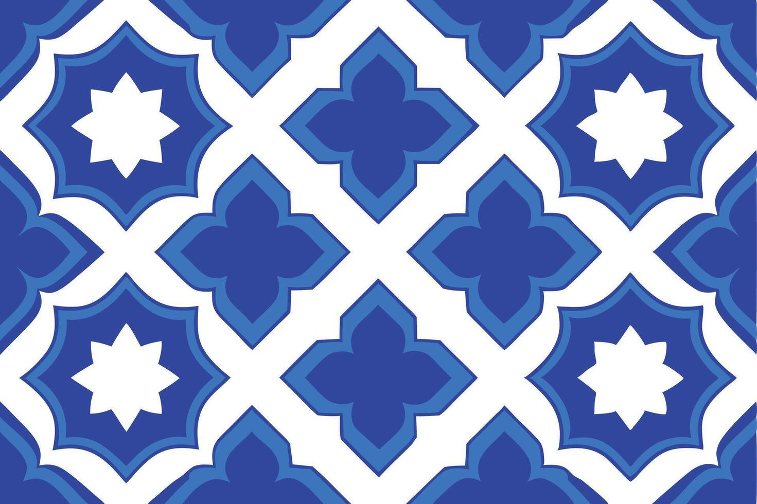 Geometric Tile Pattern Design with Blue Stars and Floral Shapes, White Background vector