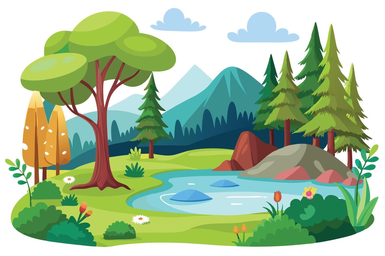 Serene Lake Landscape with Mountains, Trees, Rocks and Lush Greenery vector