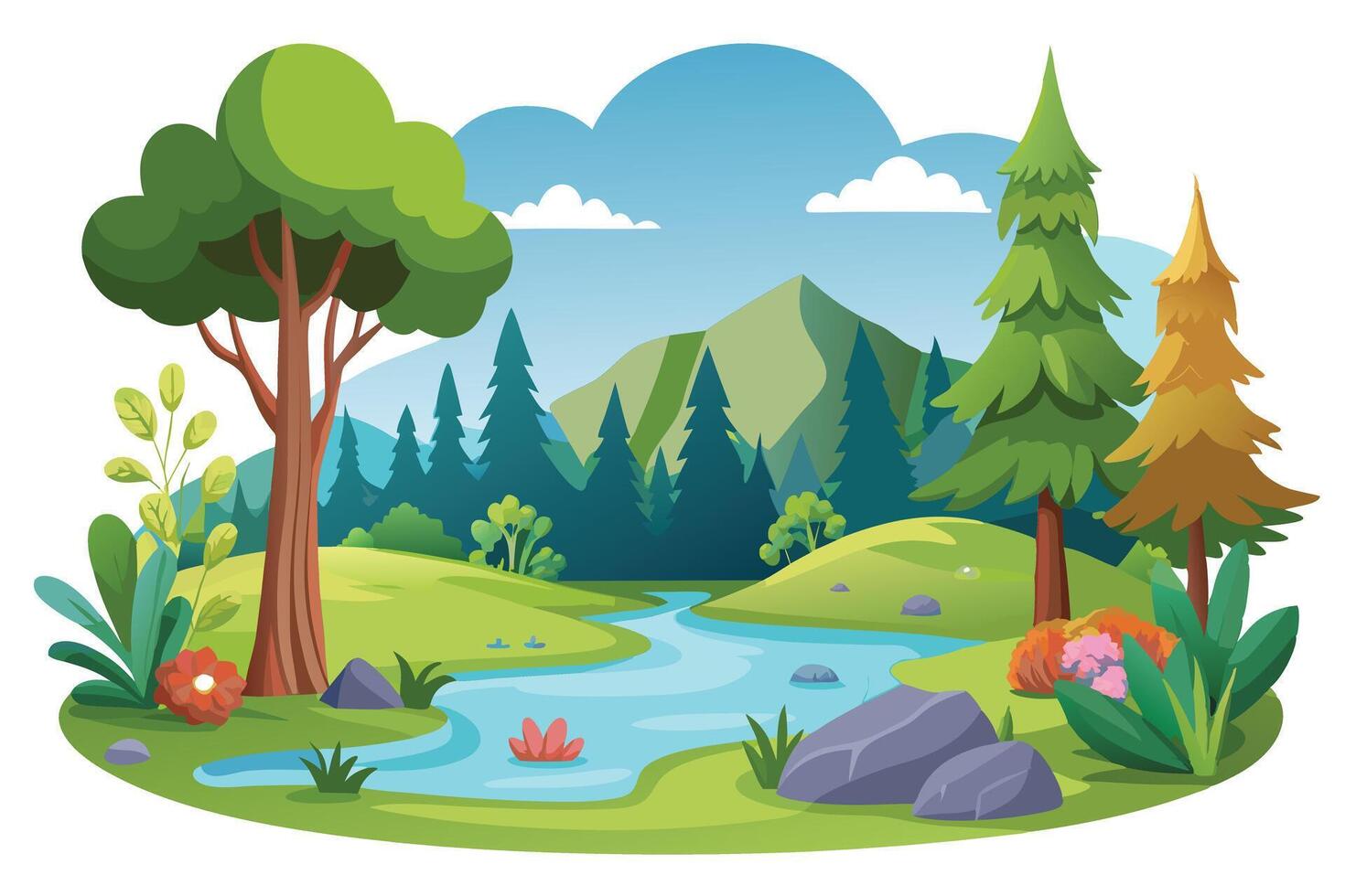 Cartoon Landscape with River, Trees, Mountains, and Sky vector