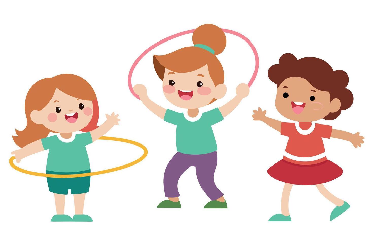 Cartoon Girls Playing with Hula Hoop and Skipping Rope on White Background vector