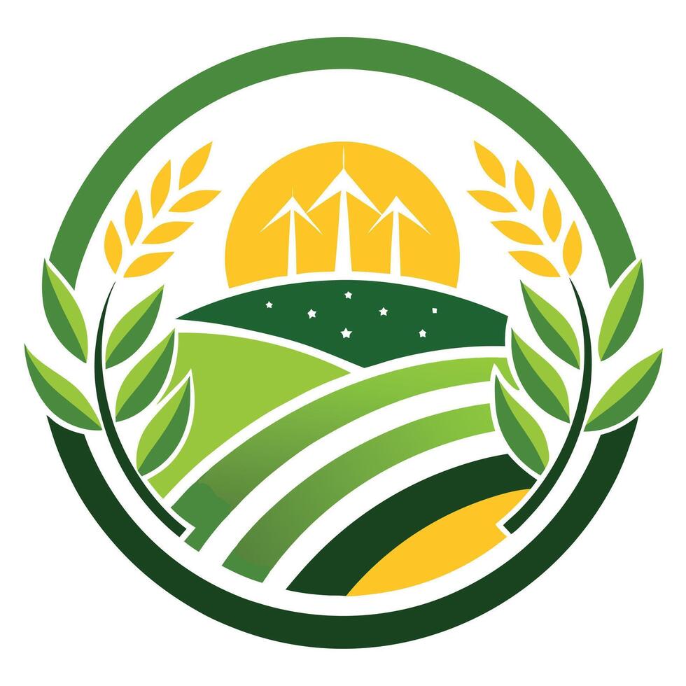 Circular Green Agriculture Logo with Crops, Wind Turbines, and Setting Sun Design vector