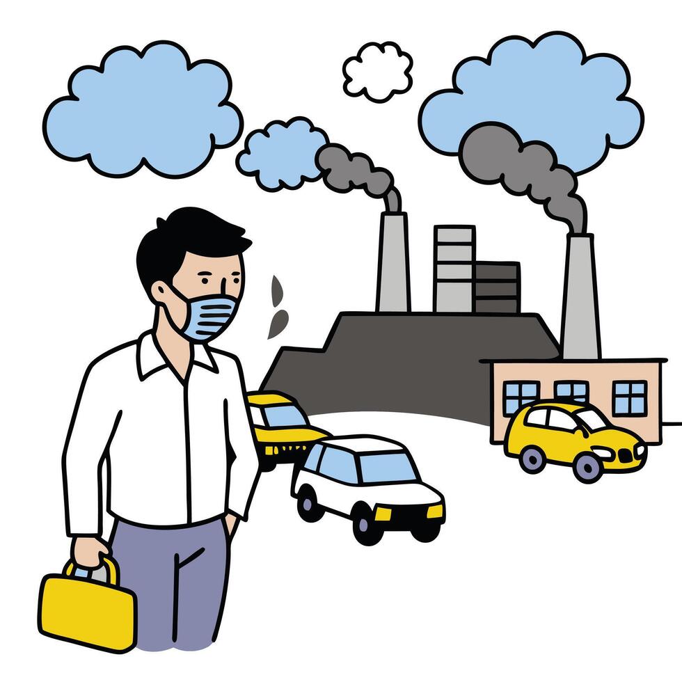 Man in Mask with Factory and Cars, Cartoon Style on White Background vector