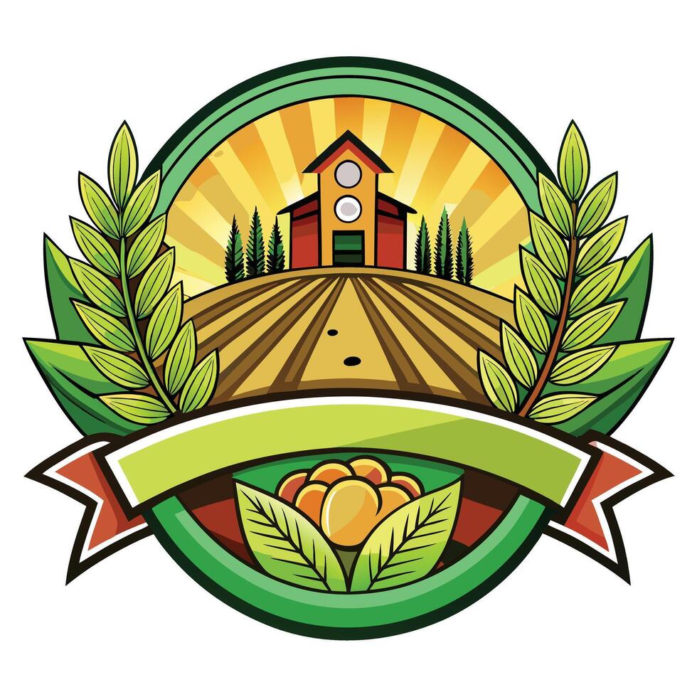 Farm Barnhouse on Hill with Fields and Wheat Laurel Cartoon Retro vector
