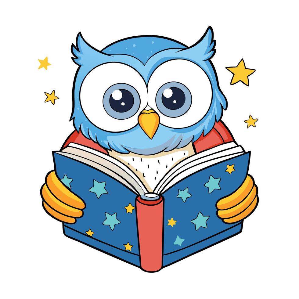 Cartoon Owl Character Reading Book with Stars on White Background vector