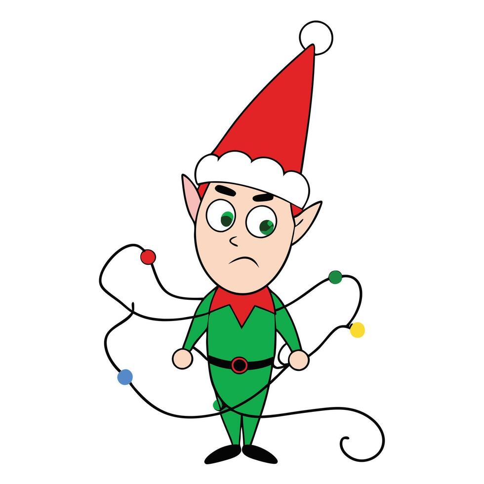 Cartoon Christmas Elf Tangled In String Lights with a Red Hat on a White Background vector