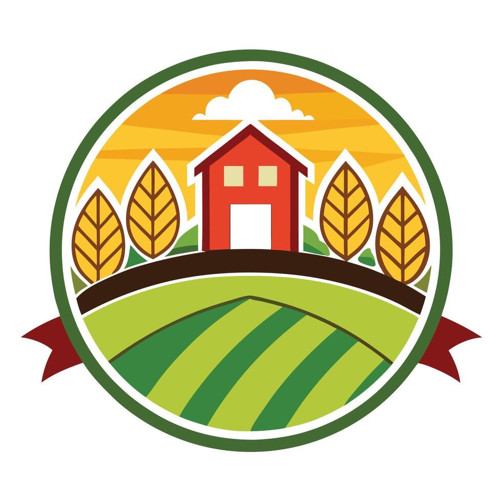 Idyllic Countryside with Farmhouse, Rolling Green Hills, and Autumnal Trees vector