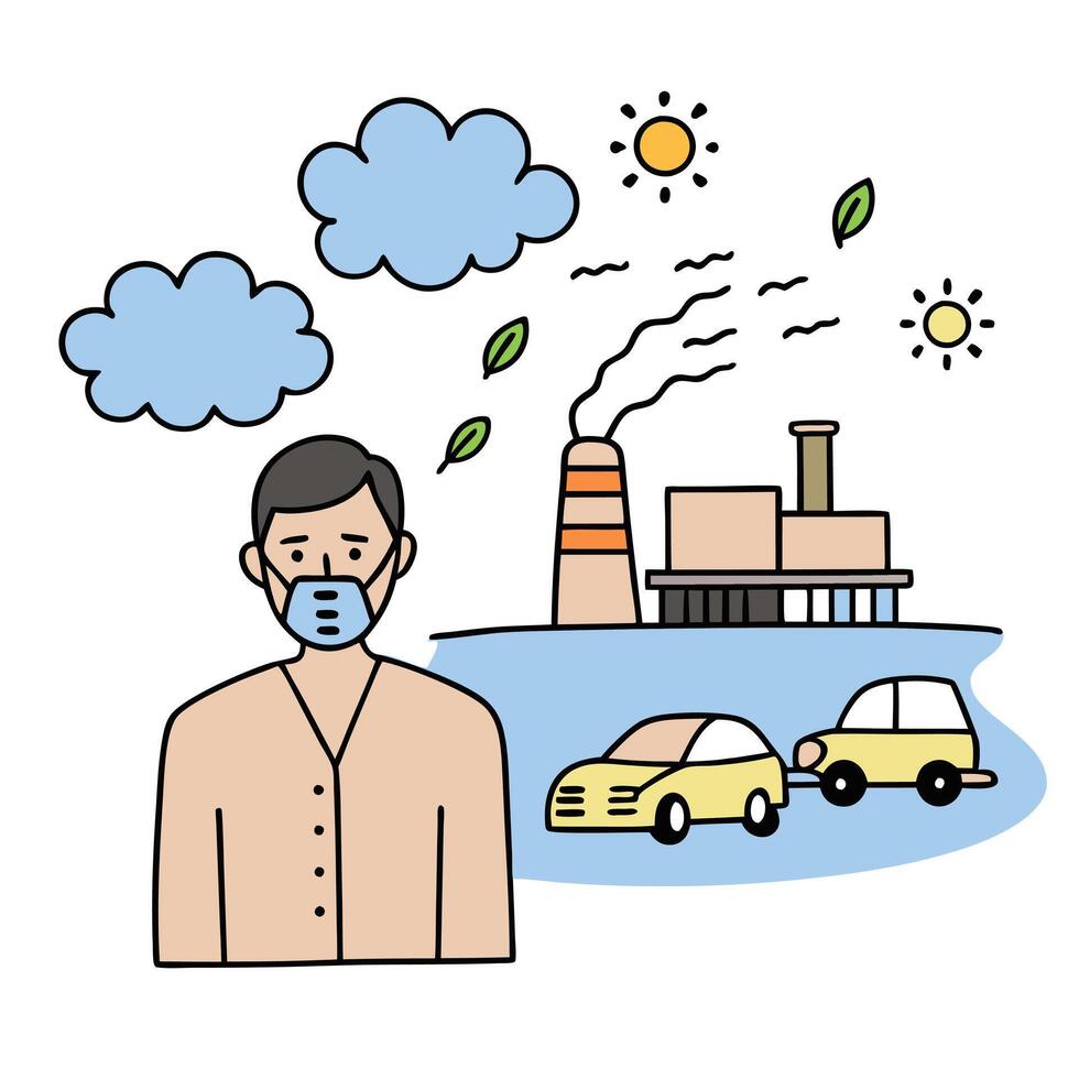 Cartoon man wears face mask, factory and cars pollute air on white background vector