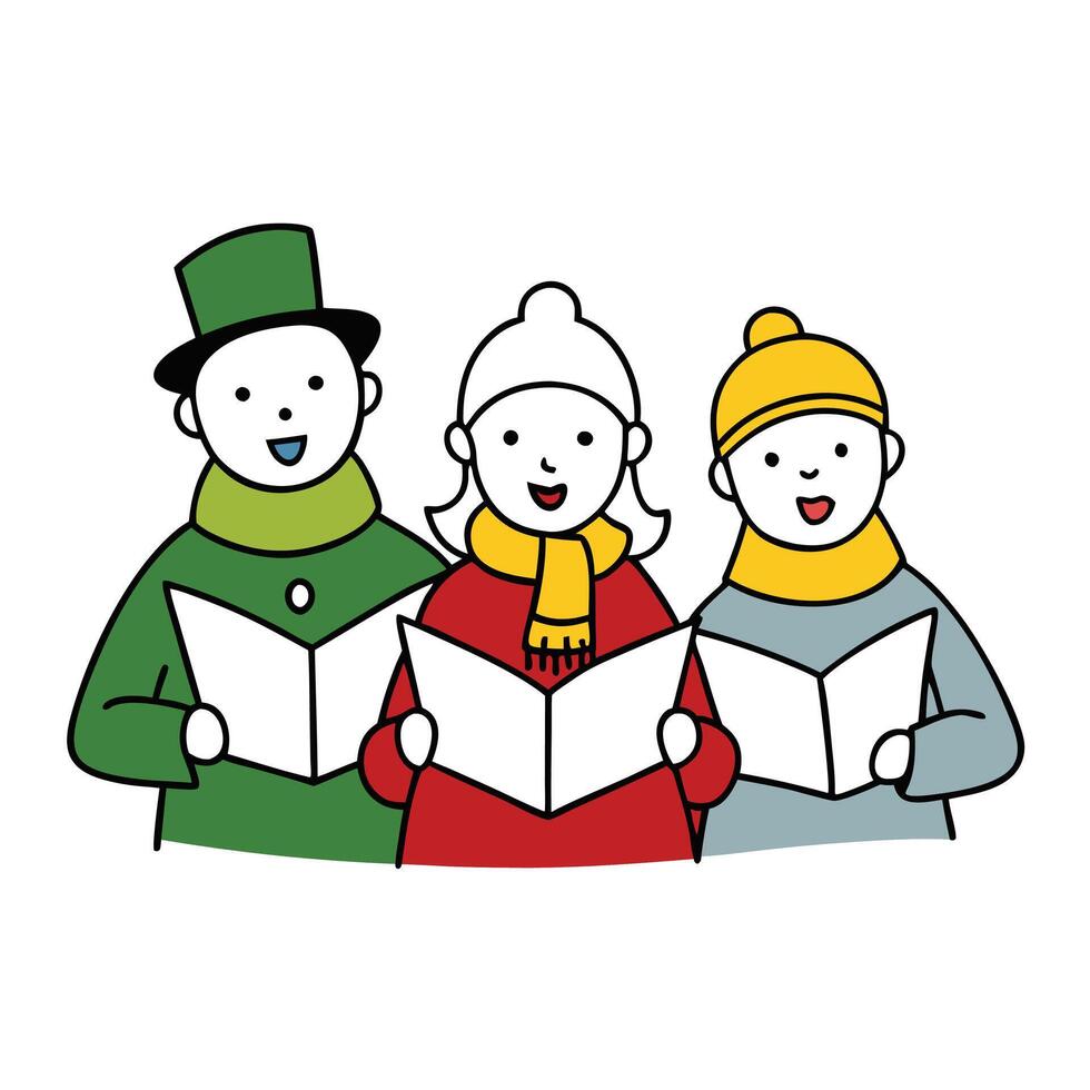 Cartoon People Singing with Books, Green Coat and Top Hat, Yellow Scarf, Isolated vector