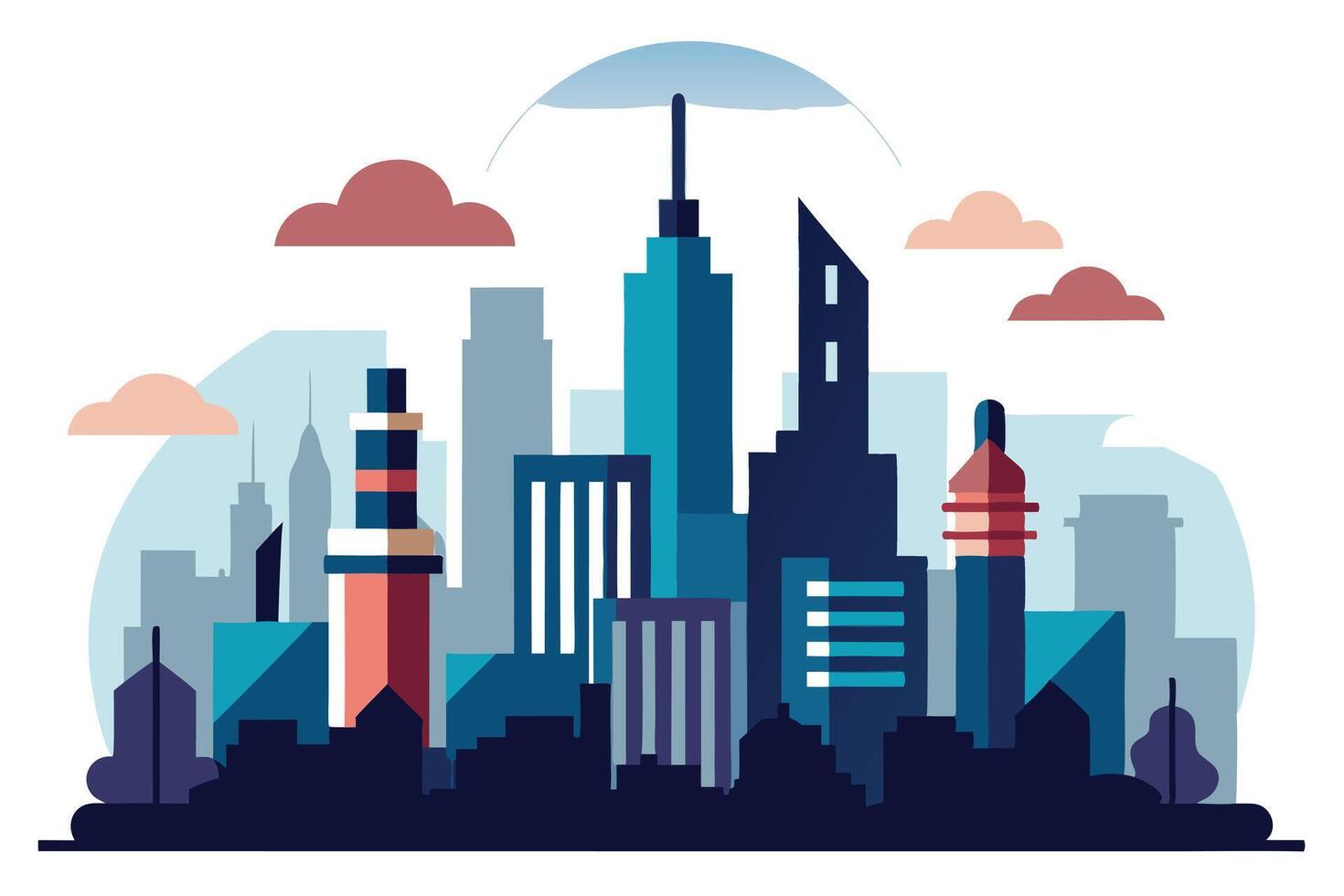 Modern Cityscape Silhouette with Geometric Buildings and Clouds in Soft Palette vector