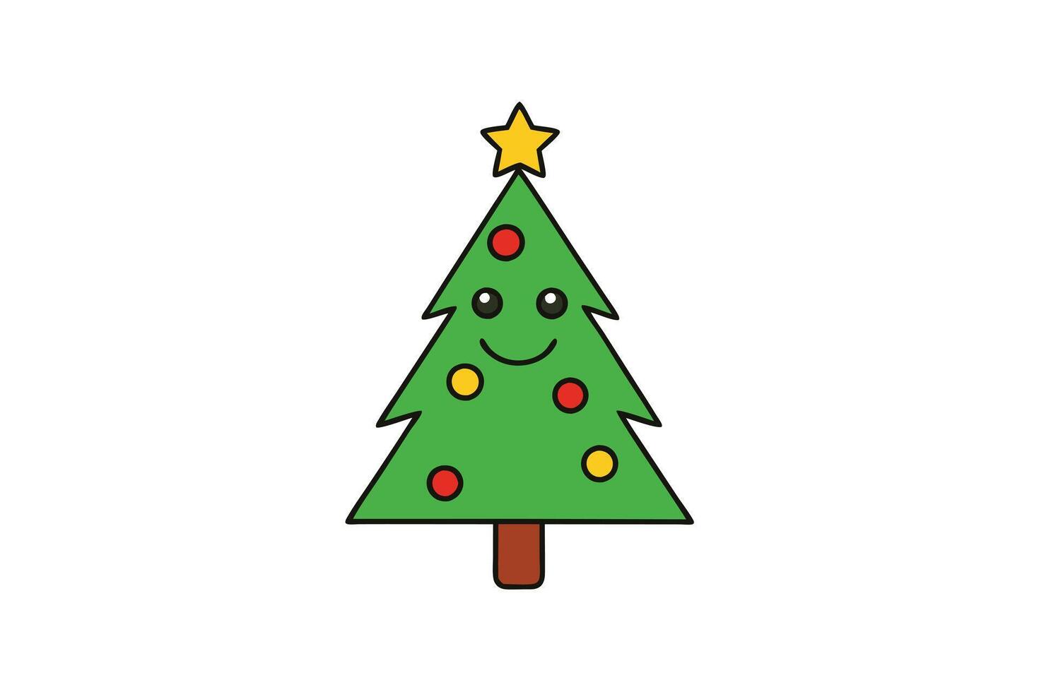 Green Christmas Tree with Star and Ornaments on White Background Flat Design vector
