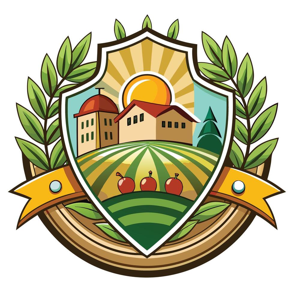 Agricultural Crest with Farmhouse, Rolling Fields, Sunburst and Three Apples Emblem vector