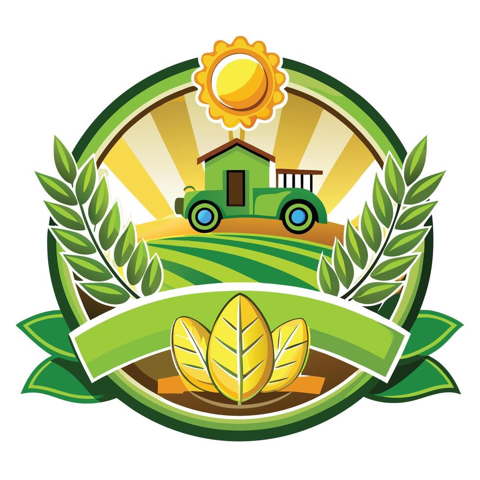 Farm Fresh Featuring Green Tractor, Leaves and Sun on White vector