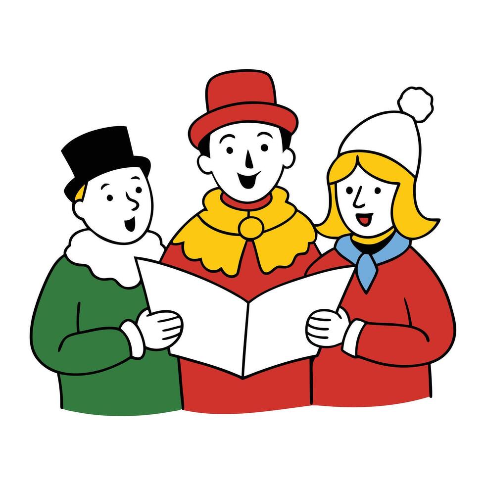 Cheerful Cartoon Characters Singing from Sheet Music on Isolated White Background vector