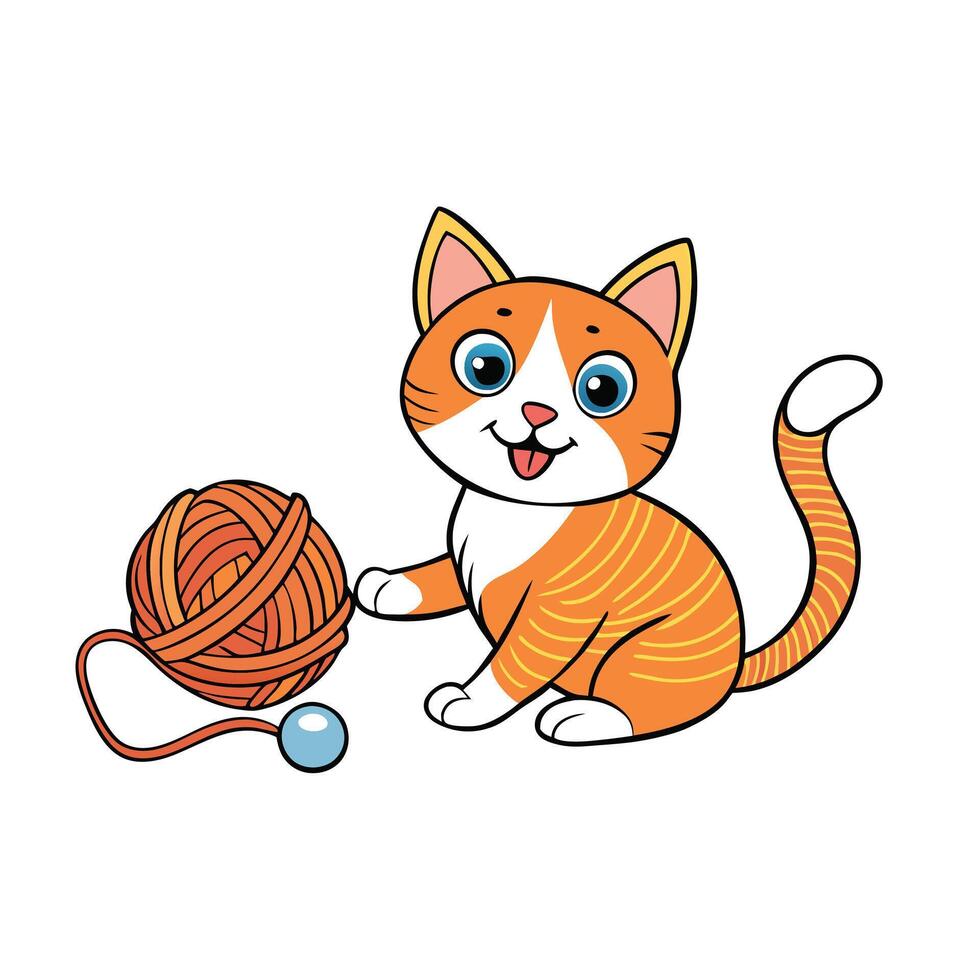 Playful Orange Cat with Yarn Ball Cartoon on Transparent Background vector