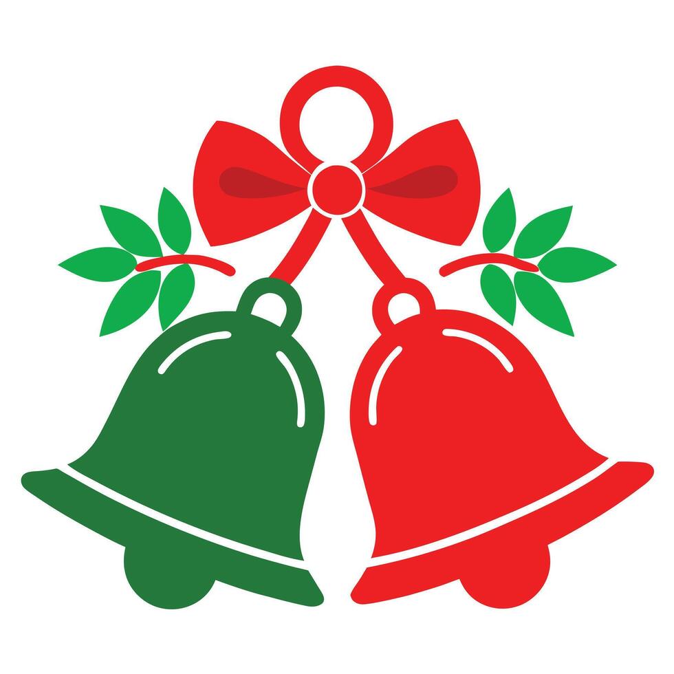 Holiday Bells Art Red Ribbon Bow, Green Leaves, Festive Red, Green Bells vector