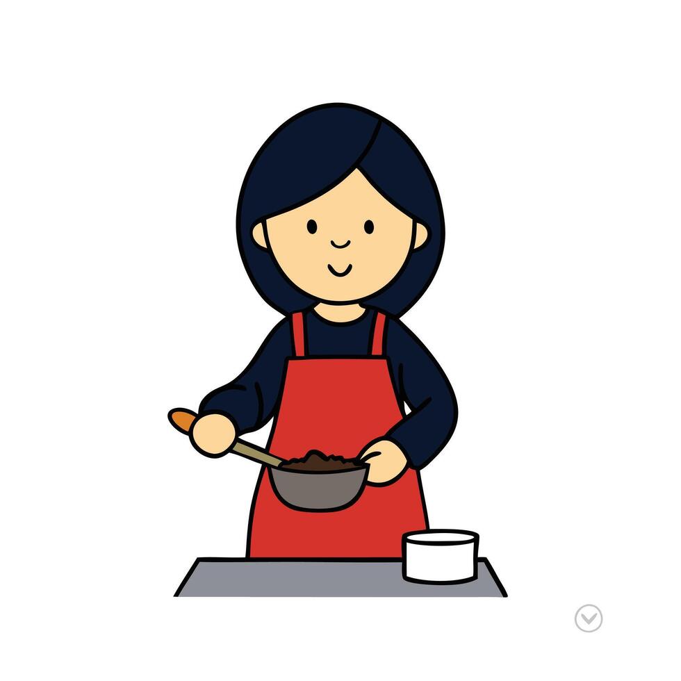 Cartoon Woman Mixing Pot Ingredient In Red Apron With Transparent Background vector