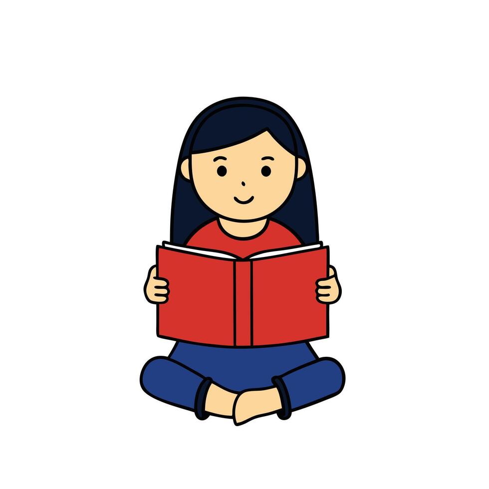 Cartoon girl sitting crosslegged with a red book on a transparent background vector