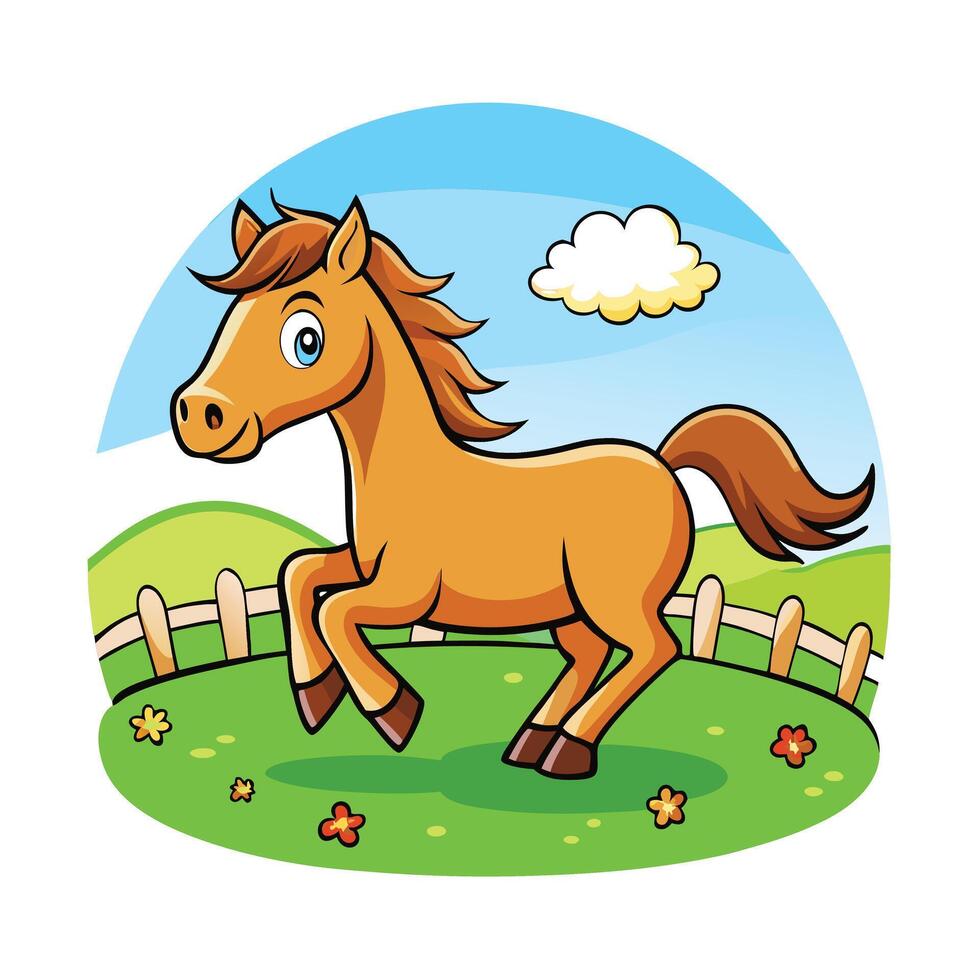 Cartoon Chestnut Horse Galloping in Green Meadow, Blue Sky, Smiling Face, Joyful vector