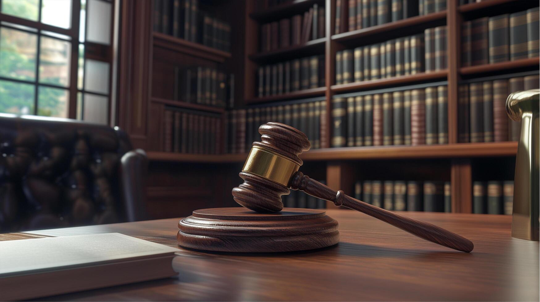 Law Office Room with Gavel on Desk and Bookshelf Background photo