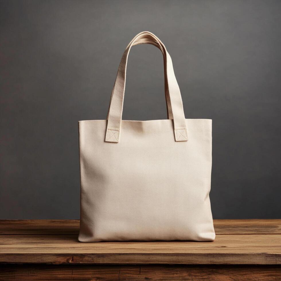 ustomizable Beige Tote Bag Mockup on Wooden Table for Marketing photo
