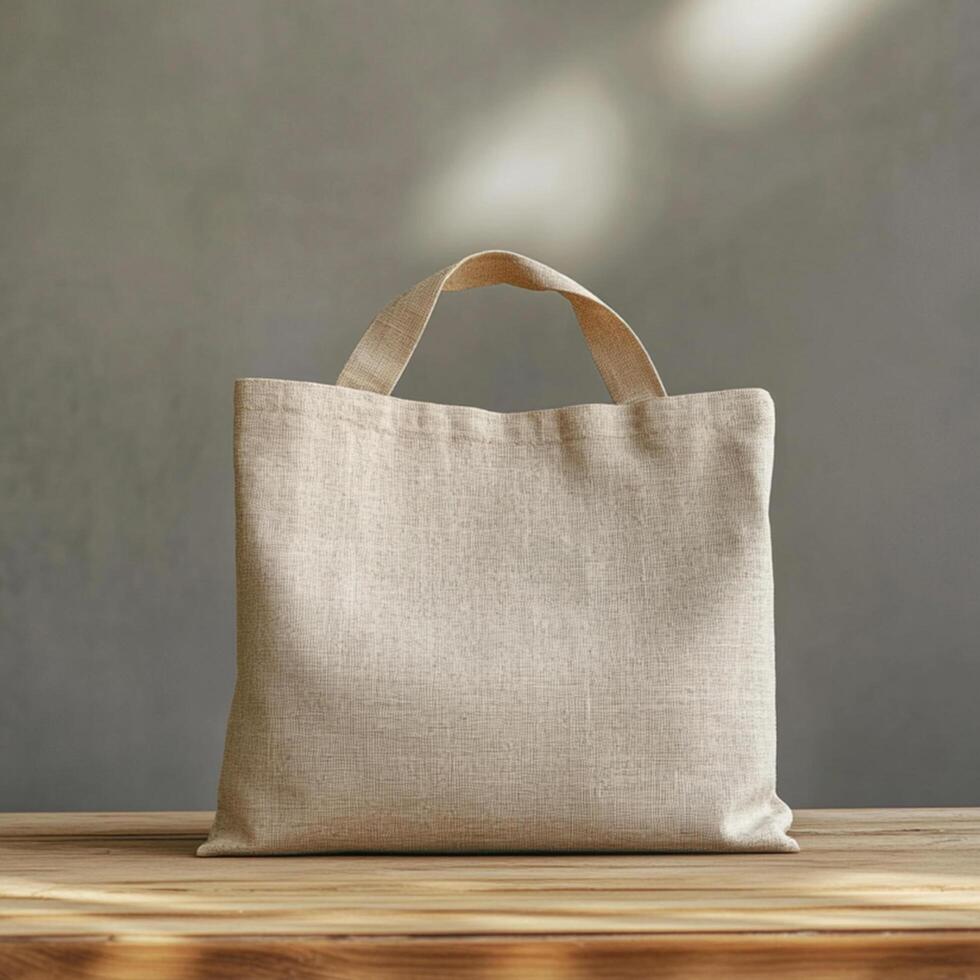 Simple Beige Tote Bag on Wooden Surface with Grey Wall Background photo