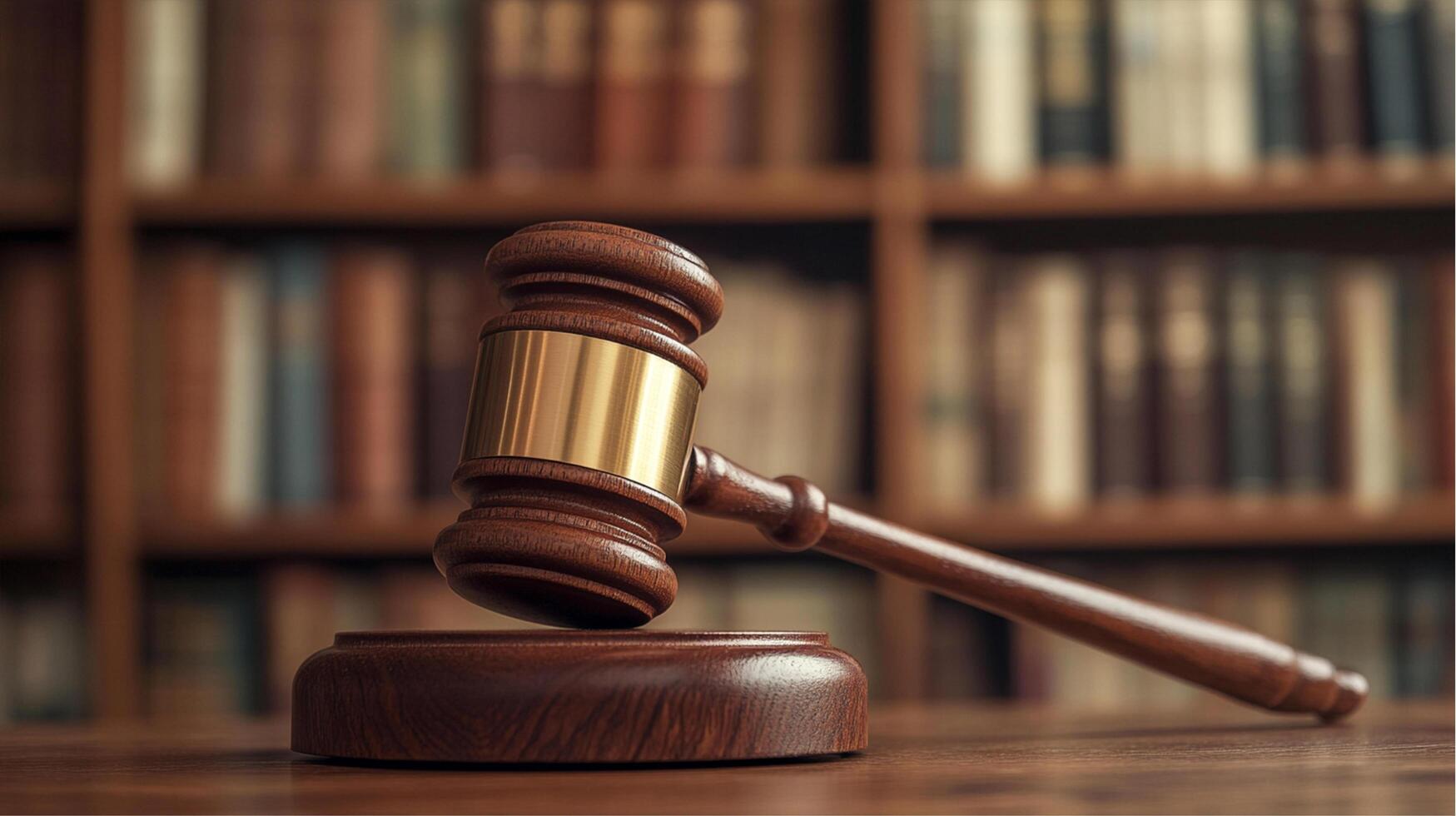 Judge's gavel on wooden table in front of bookshelf photo