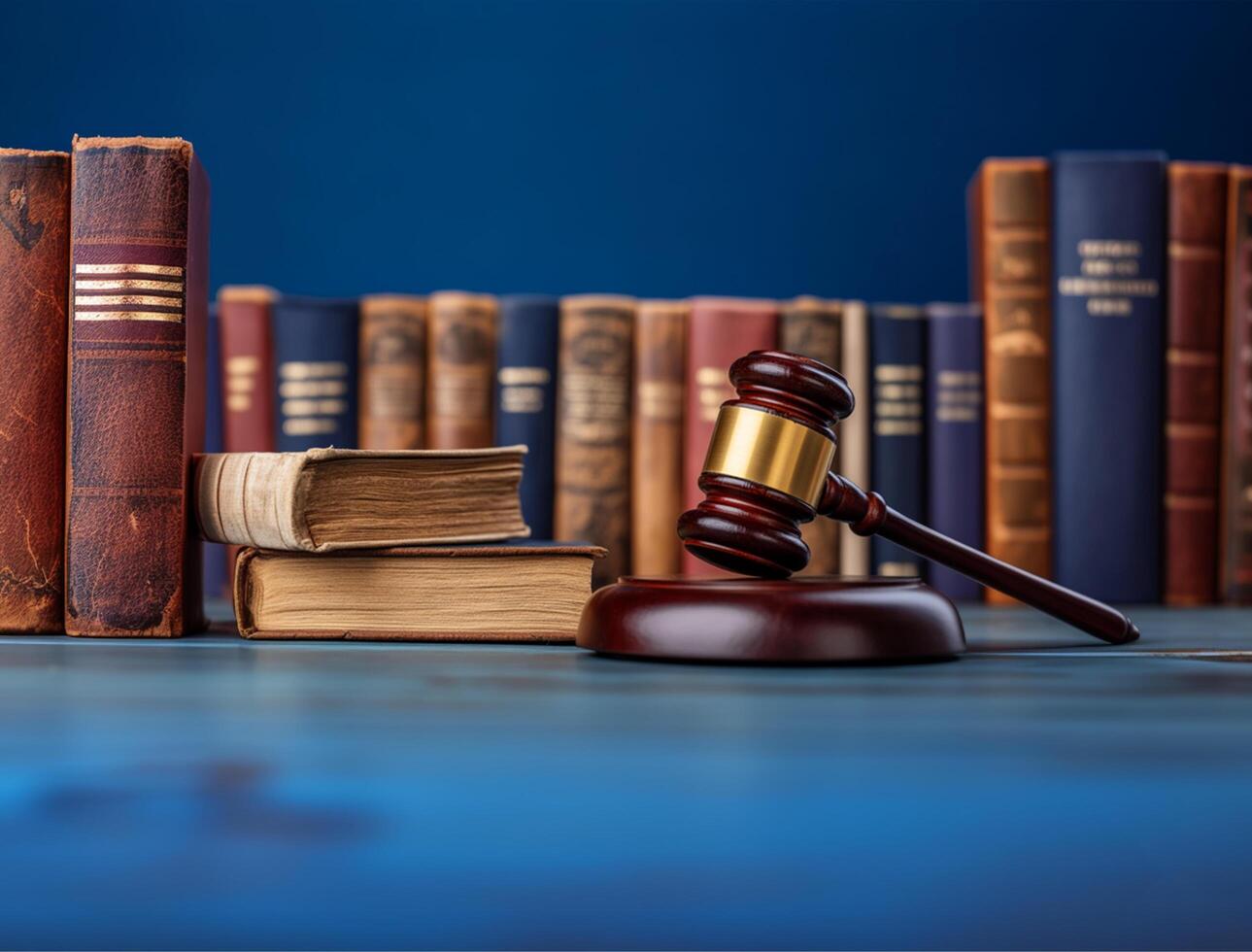 Wooden Gavel and Law Books on Blue Background photo