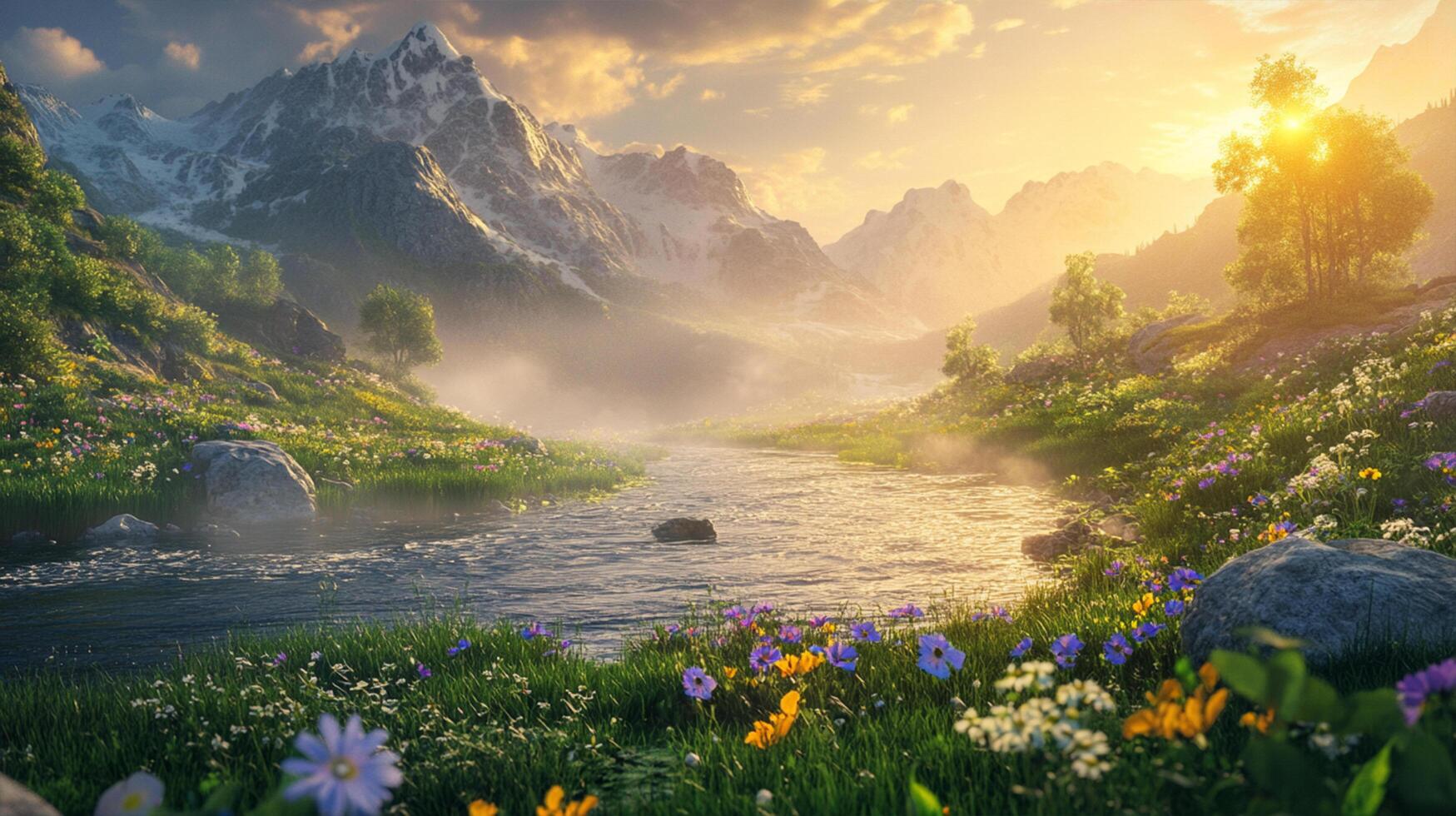 Peaceful River in Lush Mountain Valley - 8K Nature Photo