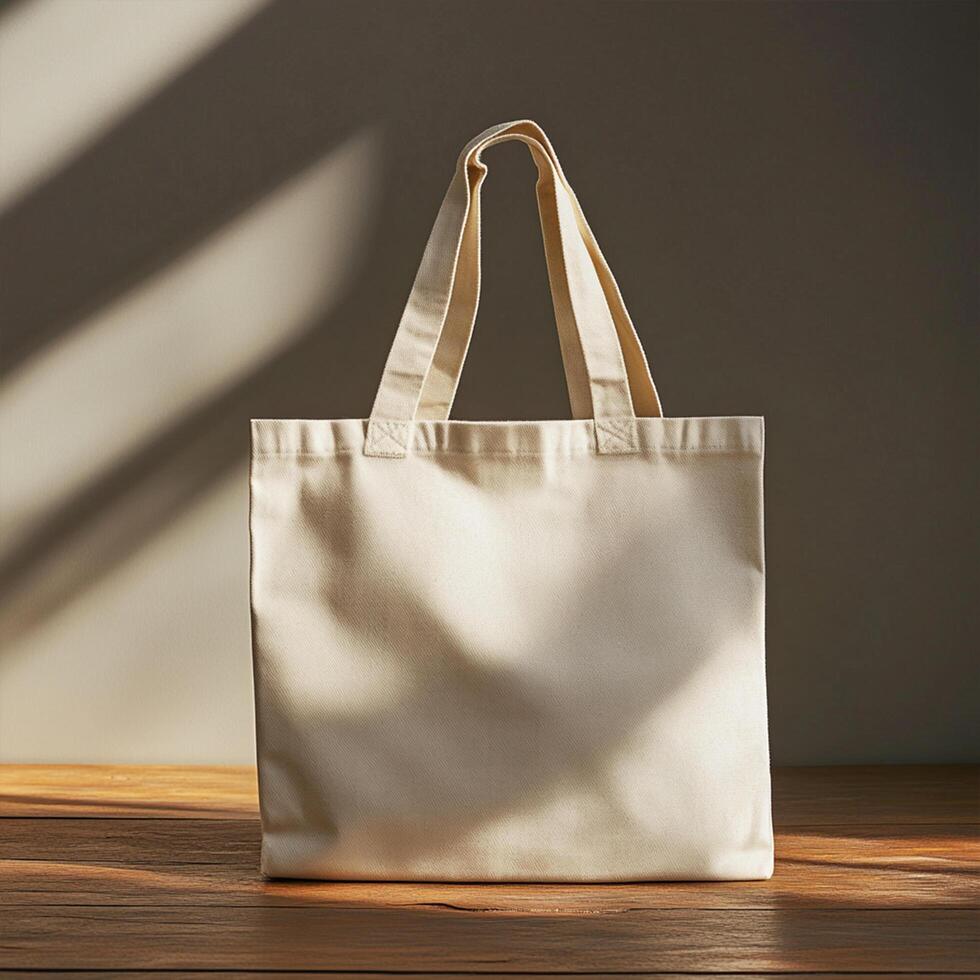 Customizable Cotton Tote Bag on Wooden Table with Grey Wall photo
